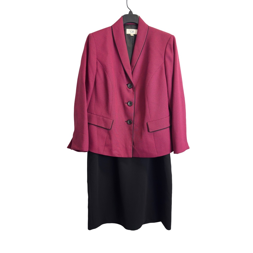 Le Suit Woman Size 18W Berry Pink Black Textured Blazer and Pencil Skirt Set